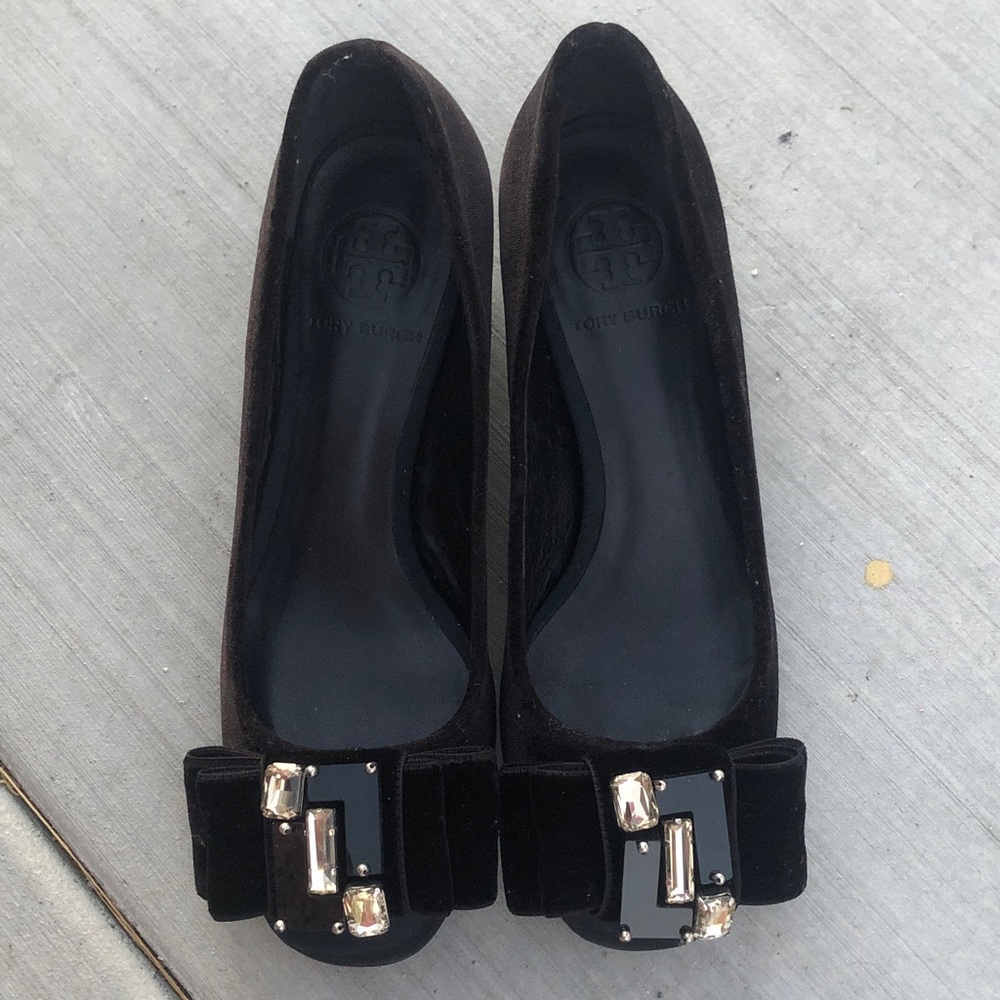 Tory Burch Black Velvet Bow Flats with Jeweled Buckles